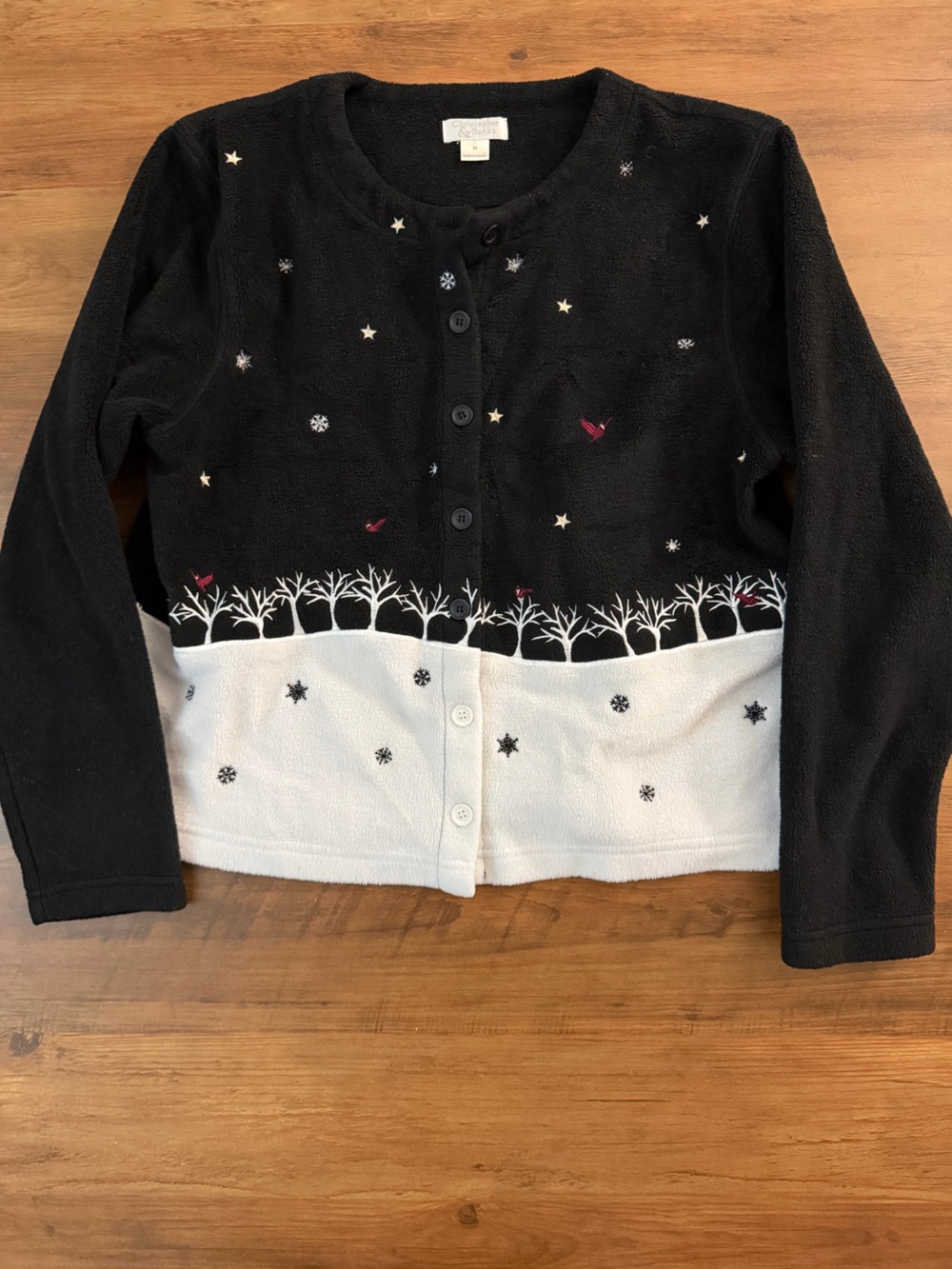 Christopher & Banks Black and White Tree Border Cardigan with Red Bird Accents